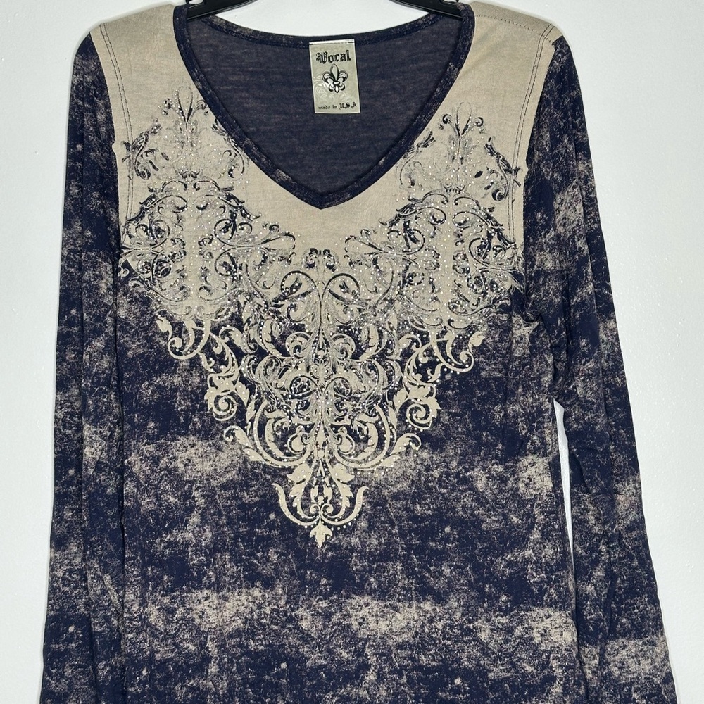 Vocal Blue and Black Graphic Blouse